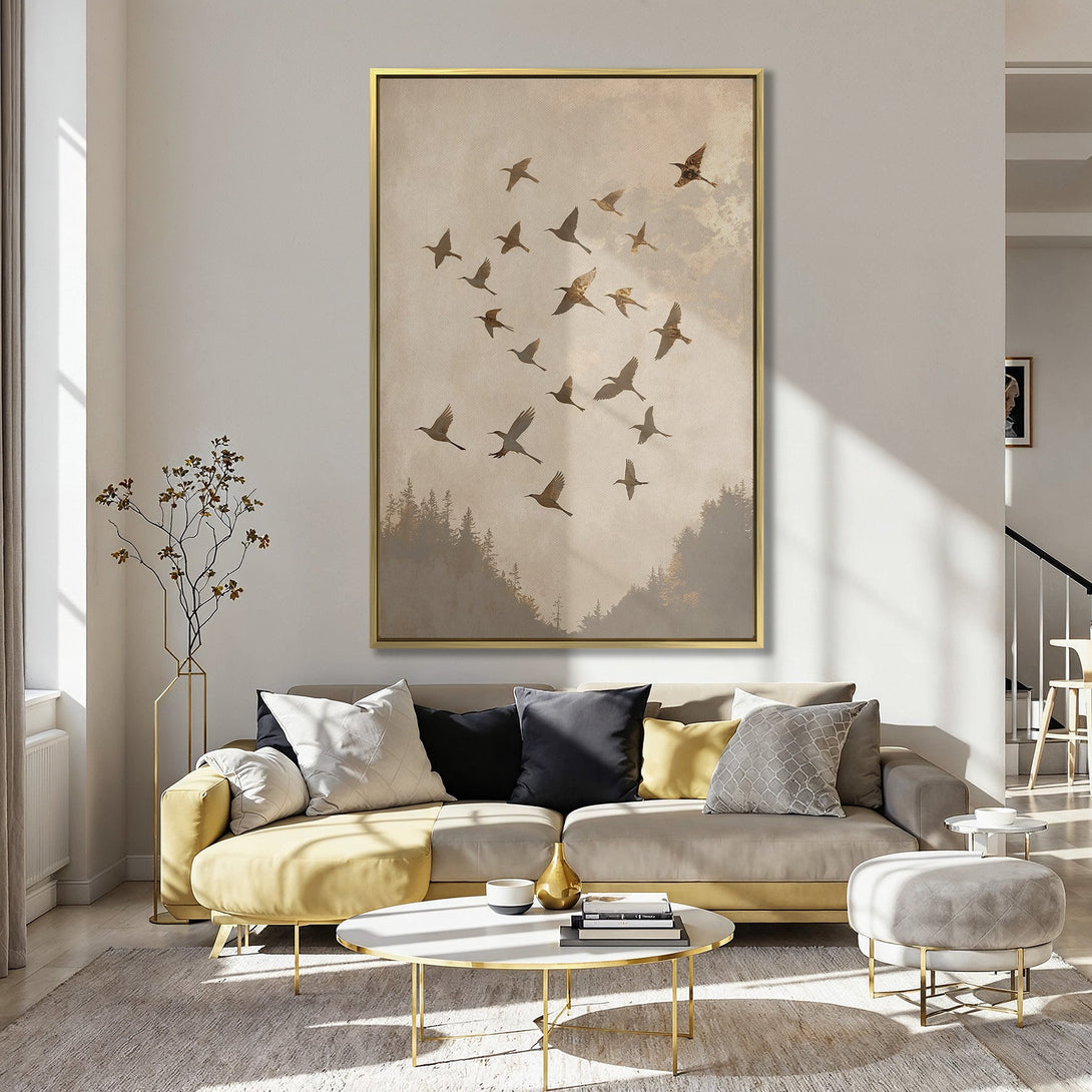 Canvas Print: Birds in flight art, neutral tones, displayed in a cozy kitchen. Perfect for adding a touch of nature-inspired elegance to your home decor.