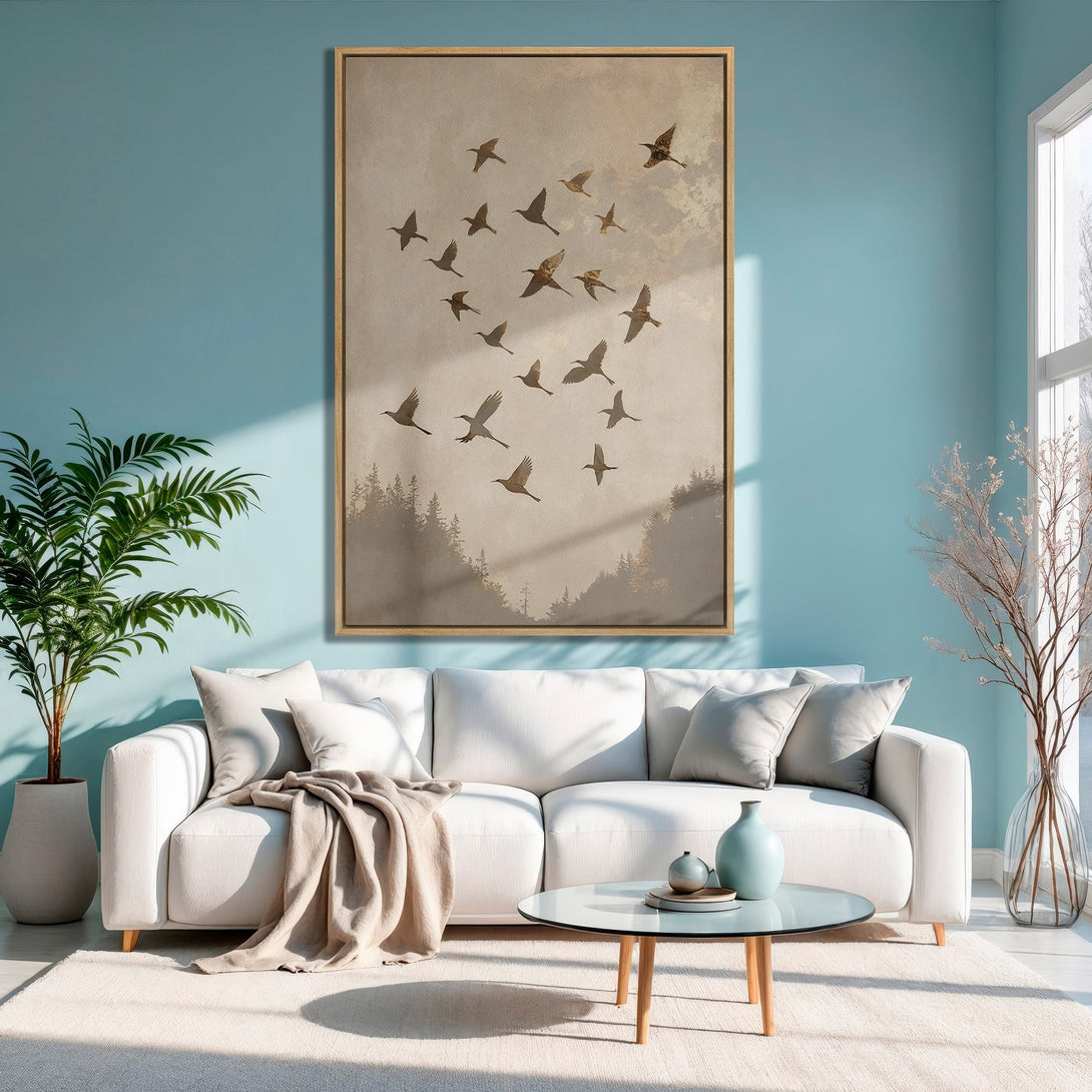 Framed Wall Art featuring a flock of birds in flight, neutral tones, and a serene aesthetic. Perfect for adding a touch of nature to your home decor.