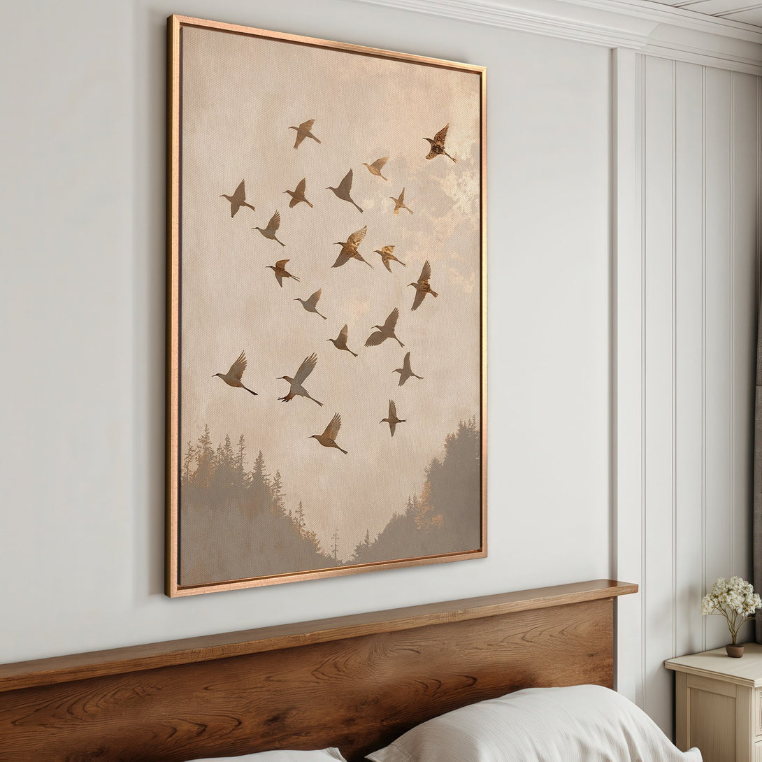 Framed Wall Art: Birds in flight over a forest, neutral tones. Enhance your space with this elegant canvas print!