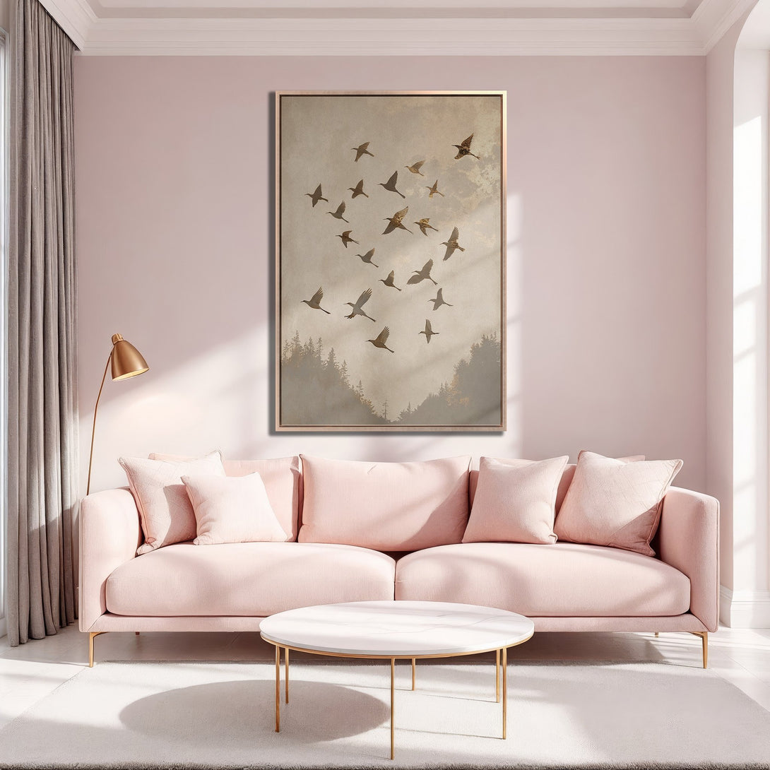 Framed Wall Art featuring a flock of birds in flight over a misty landscape. Soft, neutral color palette with warm tones, perfect for adding a touch of elegance.