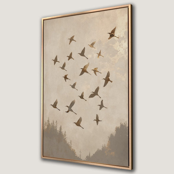 Framed Wall Art featuring a flock of birds in flight over a forest. Neutral color palette with gold accents. Perfect for adding a touch of nature to your space.