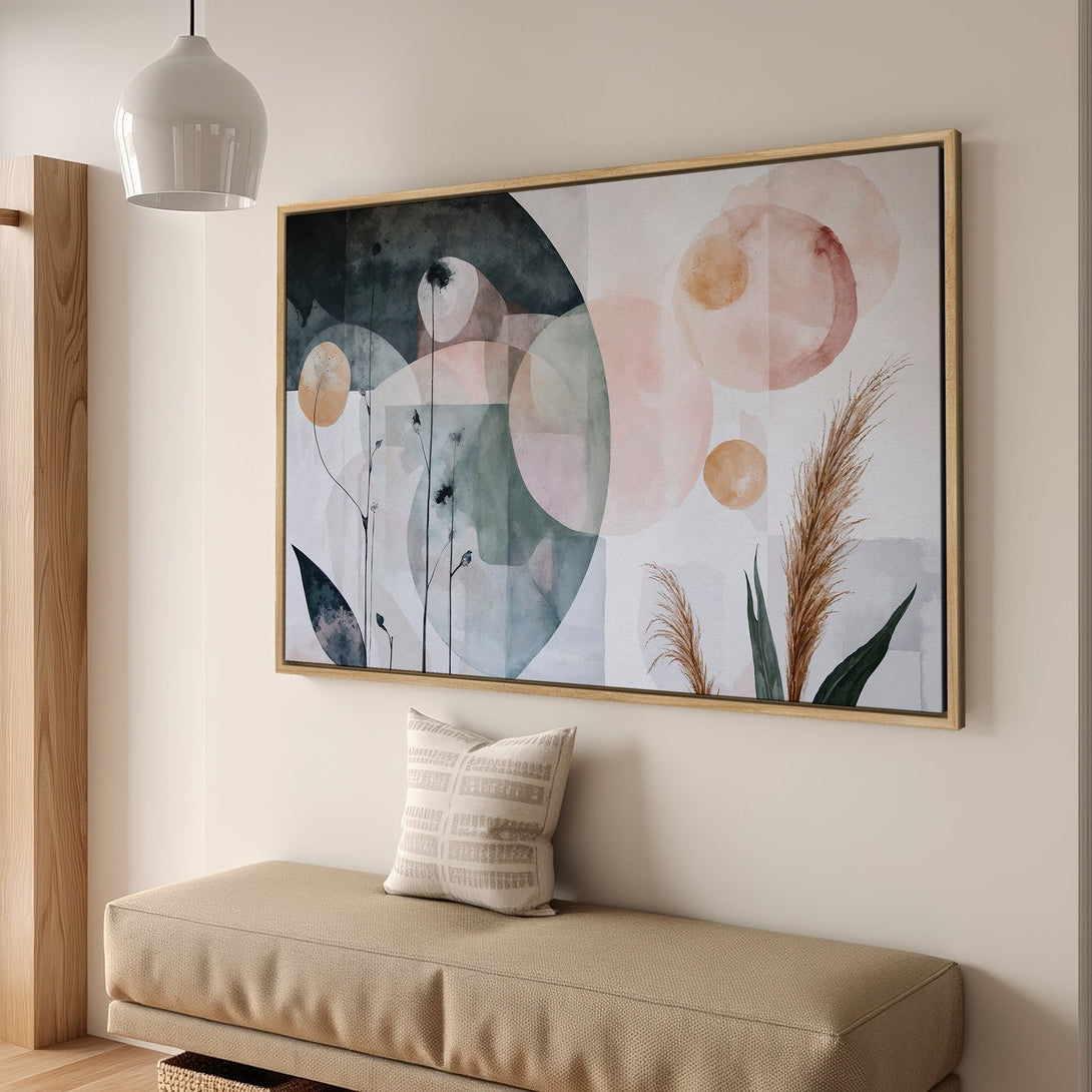Framed Wall Art featuring abstract botanical design in watercolor style. Soft pink, green, and beige color palette. Perfect for modern home decor.