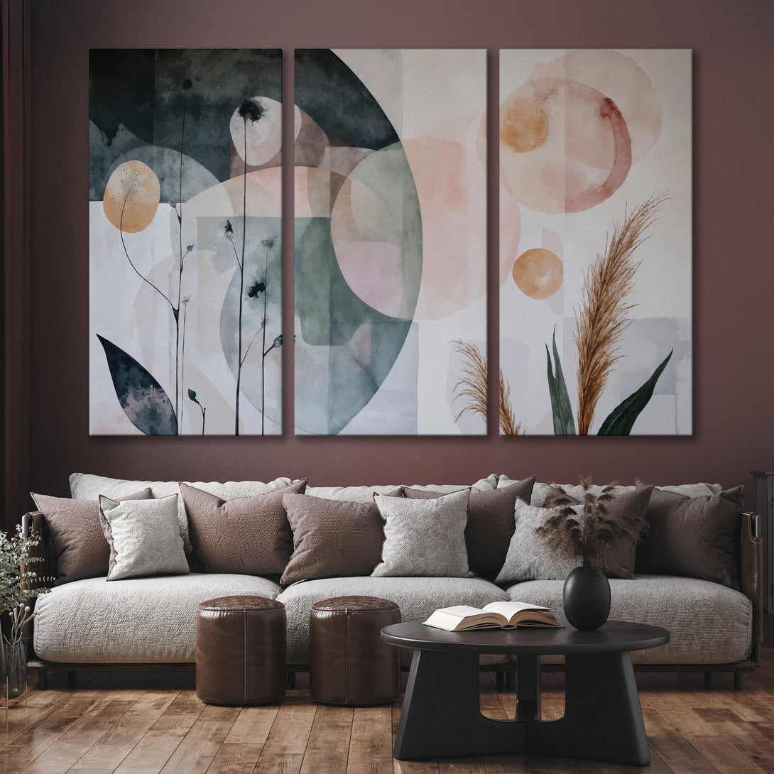 Abstract Canvas Print triptych in neutral tones. Modern wall art with watercolor style, featuring botanical elements and a soft, muted color palette.