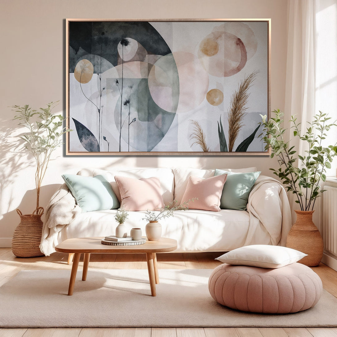 Framed Wall Art: Abstract floral print in neutral tones. Modern canvas art with blush, sage, and gold color palette. Perfect for living room decor.
