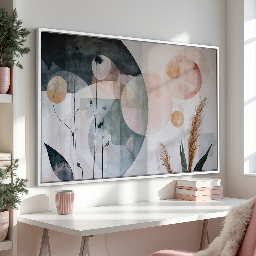 Framed Wall Art featuring an abstract watercolor design with botanical elements in a soft, neutral color palette. Perfect for modern home decor.