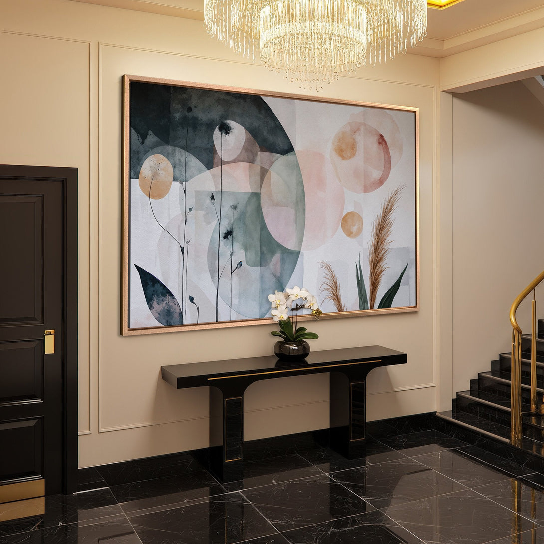 Framed Wall Art featuring abstract botanical design in soft blush, teal, and beige tones. Perfect for adding a touch of elegance to your entryway.