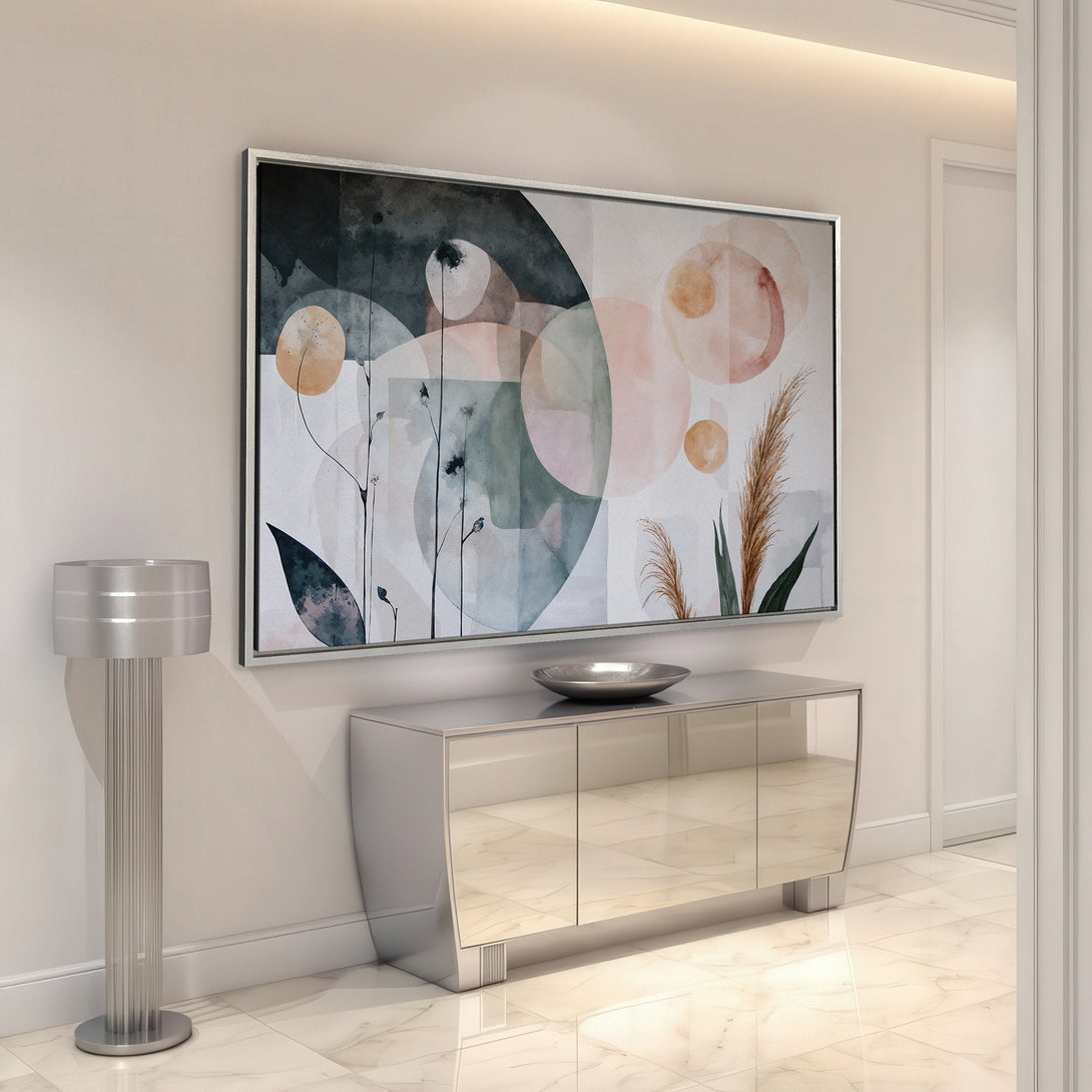 Framed Wall Art: Abstract watercolor art with soft pink, green, and gold hues. Modern style Canvas Print adds elegance to any space.