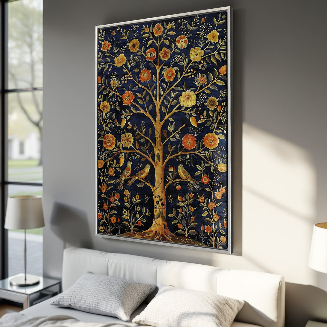 Framed Wall Art: Floral tree art print in rich blue, gold, and orange. Perfect for adding a touch of elegance to your home decor. Shop now!