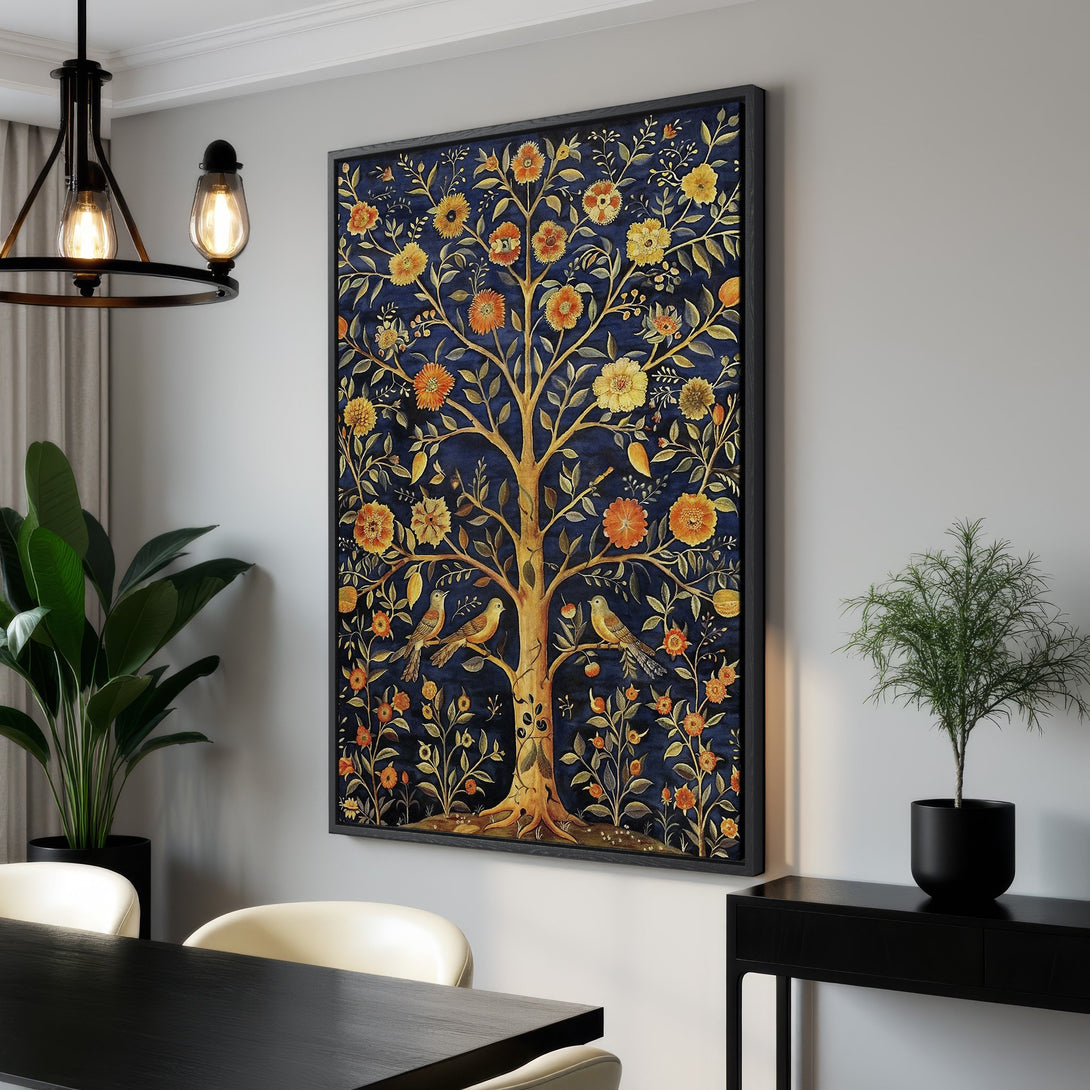 Framed Wall Art: Botanical tree design in a classic style with a rich navy, gold, and orange color palette. Perfect for adding elegance to your space.