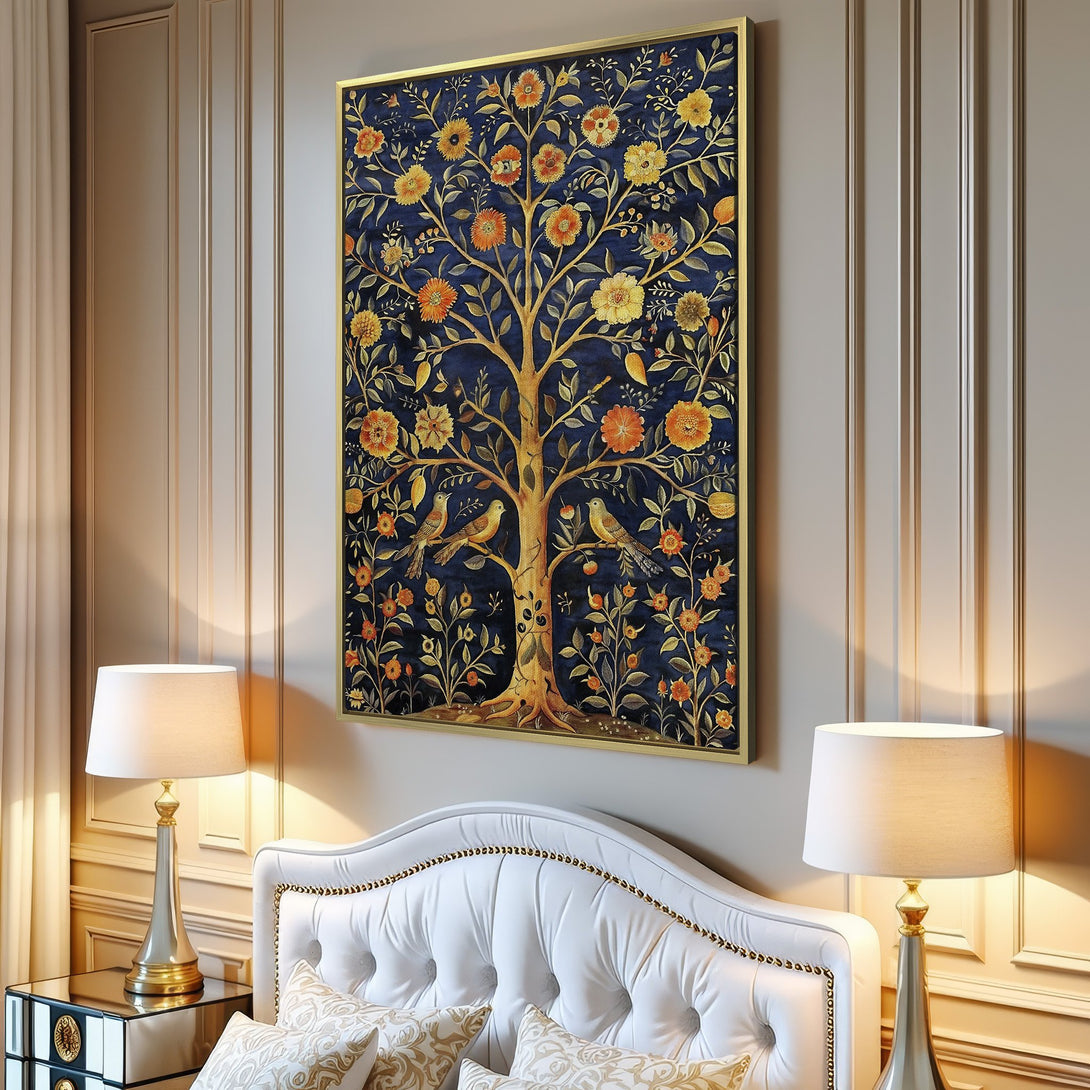 Canvas Print featuring a vibrant floral tree design in a rich blue and gold color palette, perfect for adding elegance to any room.