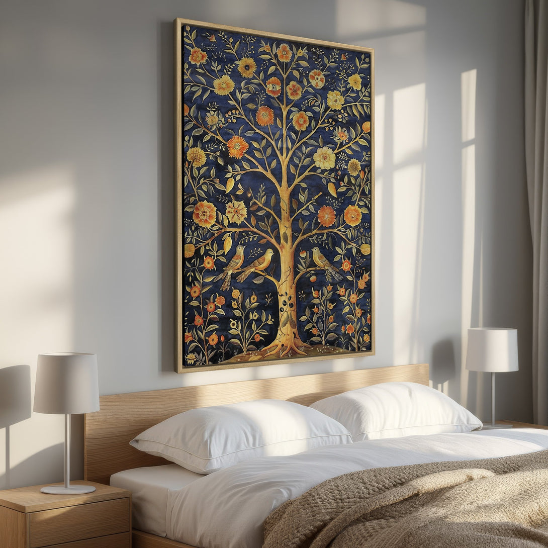 Framed Wall Art: Elegant tree of life botanical print in a bedroom. Features a rich blue, gold, and orange color palette for a touch of sophistication.