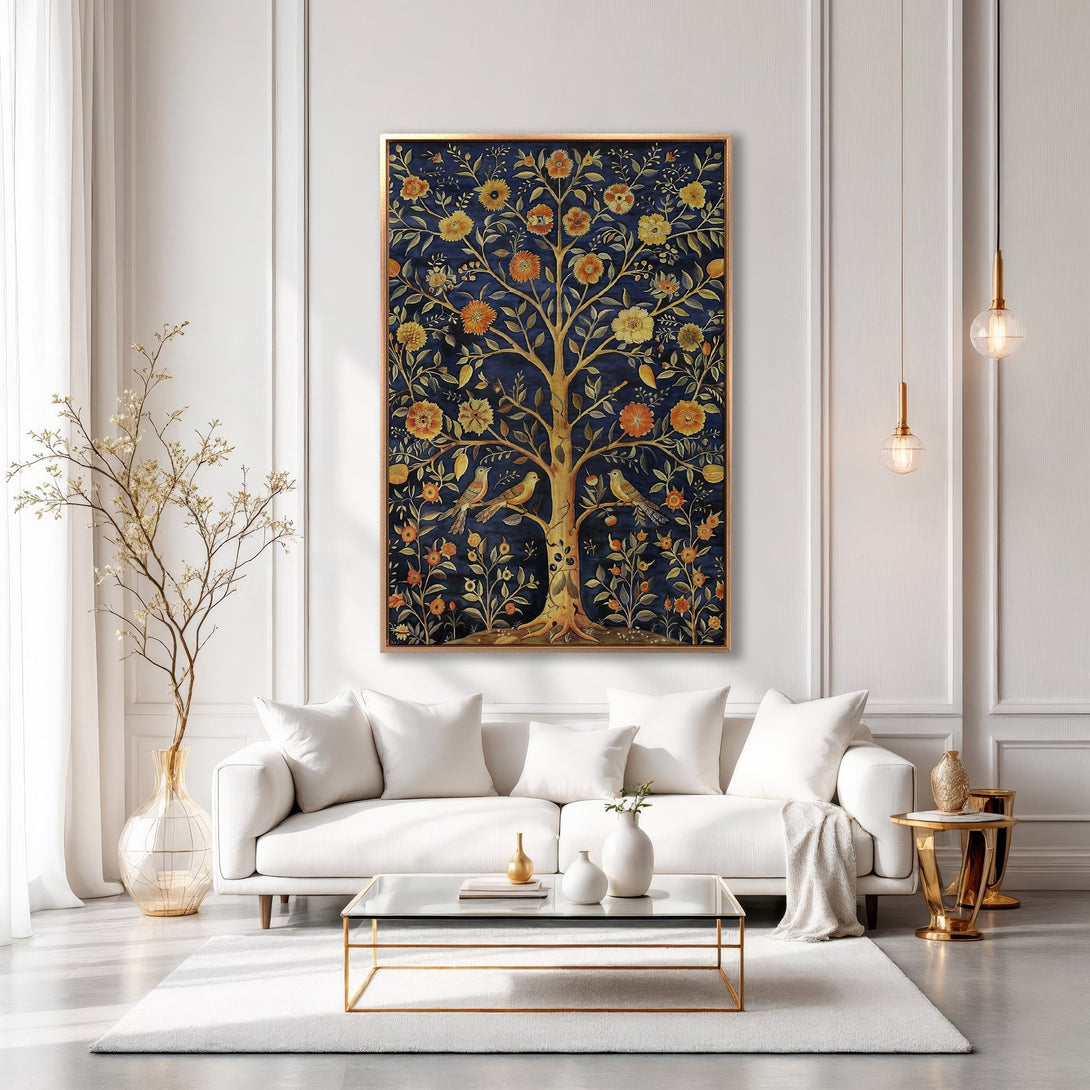 Framed Wall Art featuring a vibrant tree of life design in a rich blue, gold, and orange palette. Perfect for adding a touch of elegance to any space.