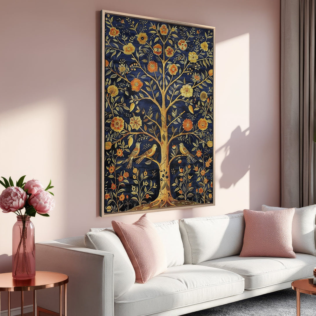 Framed Wall Art: Elegant tree of life design in a rich blue, gold, and orange palette. Perfect for adding a touch of sophistication to any space.