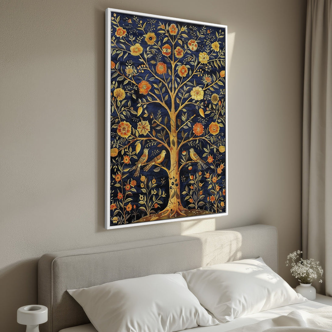 Framed Wall Art: Elegant tree of life design with birds, featuring a navy blue and gold color palette. Perfect for adding a touch of art to your bedroom decor.