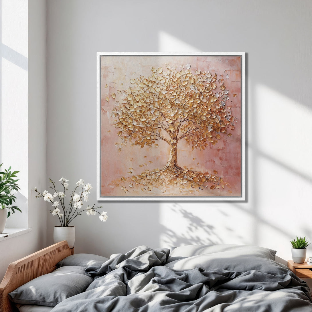 Framed Wall Art of textured golden tree on pink background. Adds warmth and style to any bedroom. Neutral color palette.