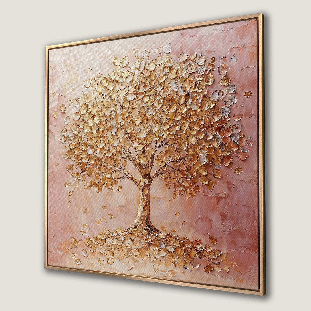 Framed Wall Art: Textured gold leaf tree painting on canvas. Warm, neutral color palette perfect for adding elegance to any space.