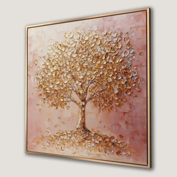 Framed Wall Art: Textured gold leaf tree painting on canvas. Warm, neutral color palette perfect for adding elegance to any space.