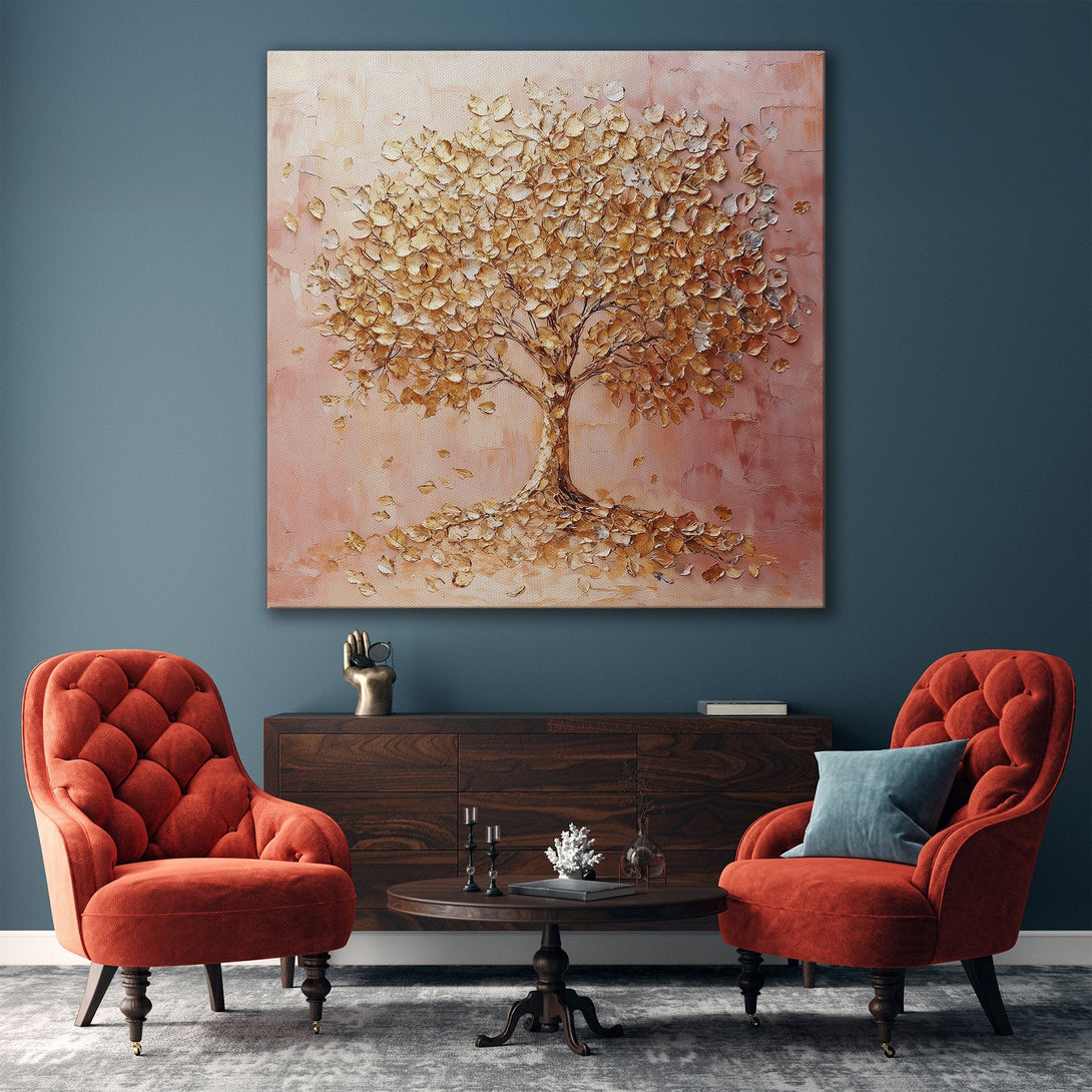 Framed Wall Art featuring a golden tree painting in a modern living room. Warm, neutral color palette with pink and gold tones. Perfect for home decor.