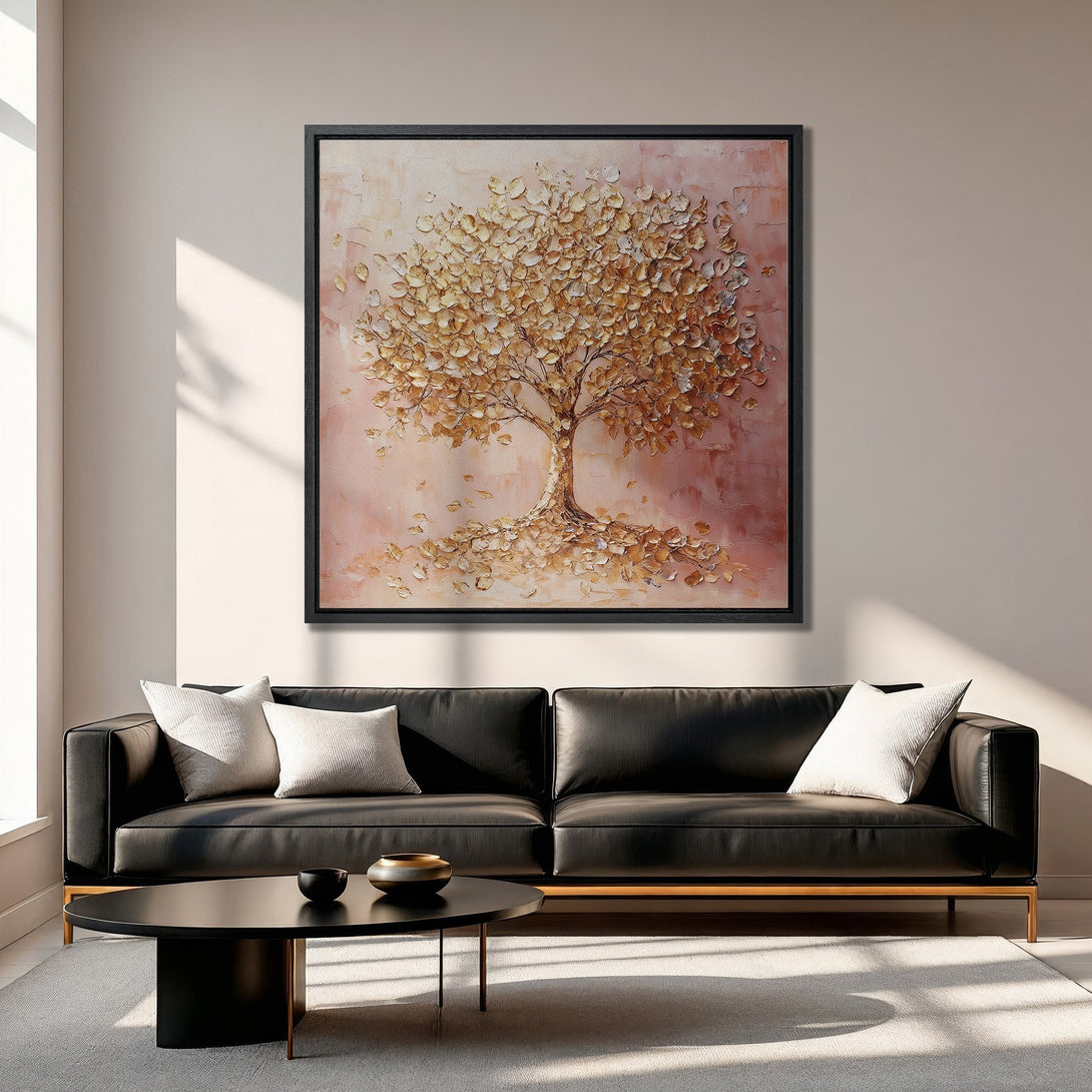 Framed Wall Art: Textured tree painting in warm gold and blush tones. Modern abstract art for living room decor. Adds elegance to any space.