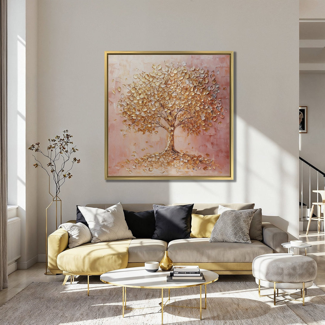 Canvas Print of a textured gold leaf tree artwork. Warm, inviting color palette with a modern, elegant style. Perfect for living room decor.