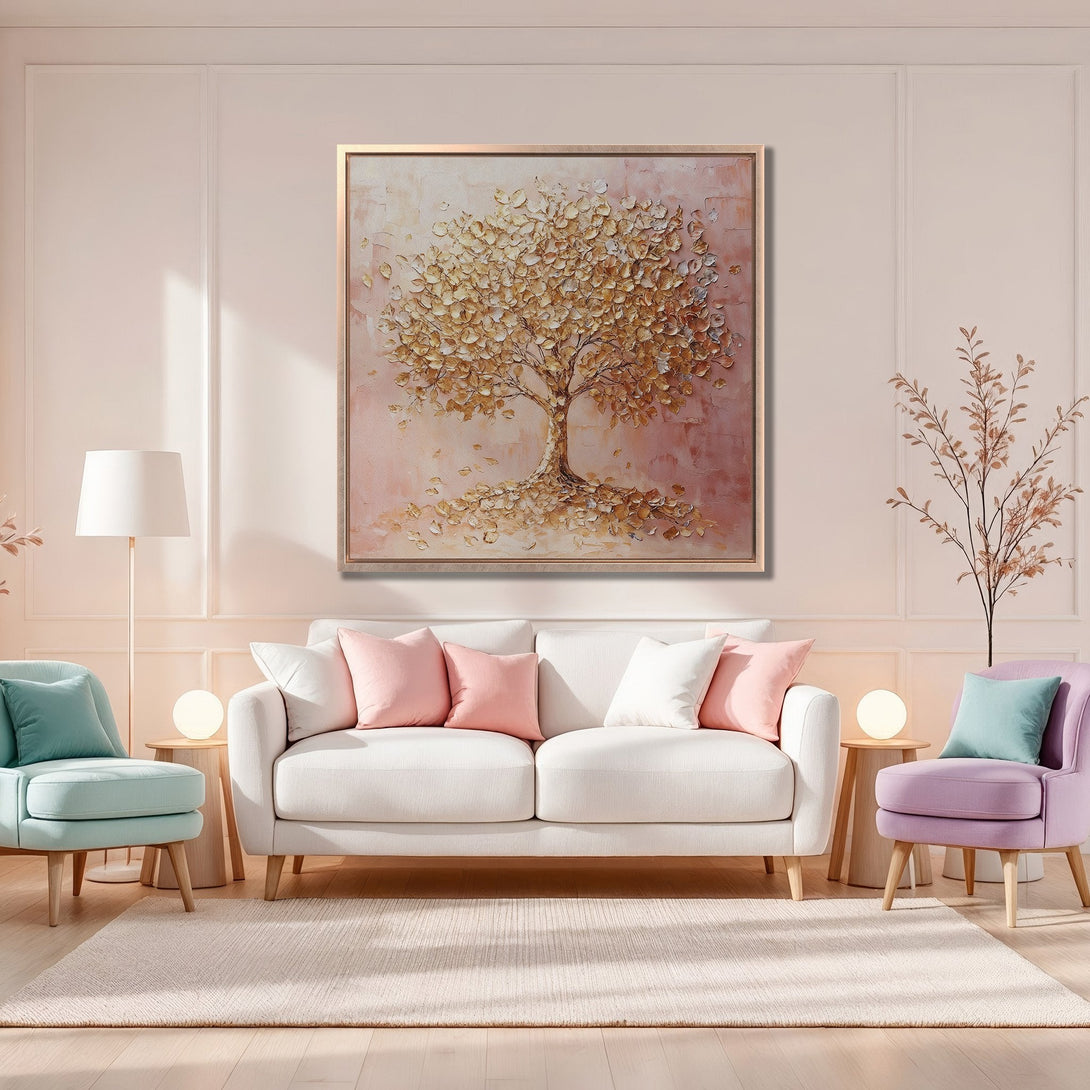 Framed Wall Art: Textured gold tree painting in a warm, inviting interior. Soft pink and neutral color palette. Perfect for adding elegance to your space.