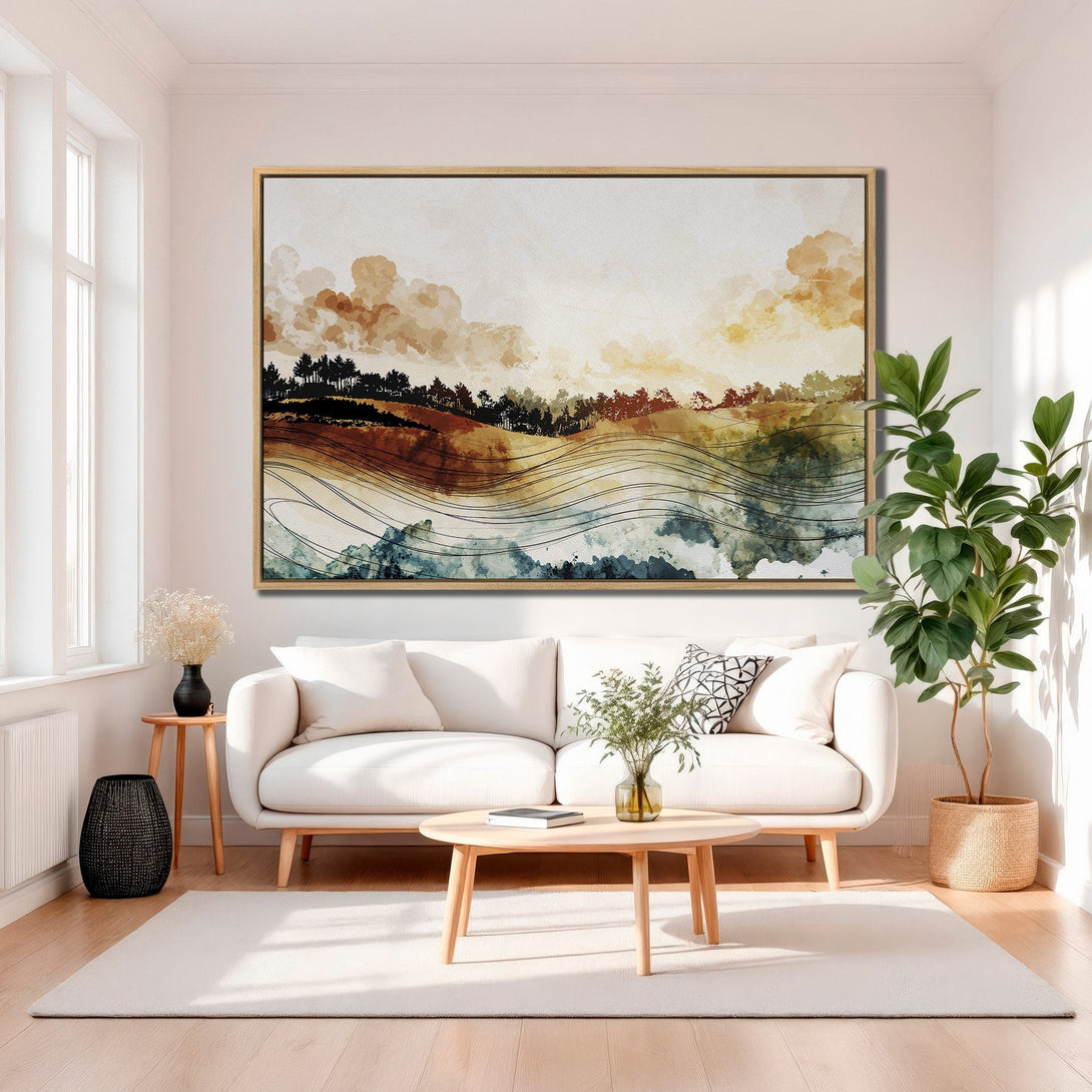 Framed Wall Art featuring a landscape watercolor painting in warm earth tones. Modern decor inspiration for living room, bedroom, or home office.