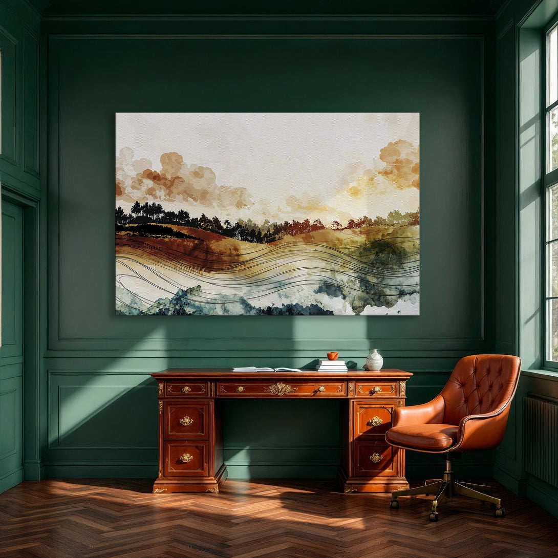 Framed Wall Art: Abstract landscape Canvas Print in warm earth tones, perfect for modern dining room decor.
