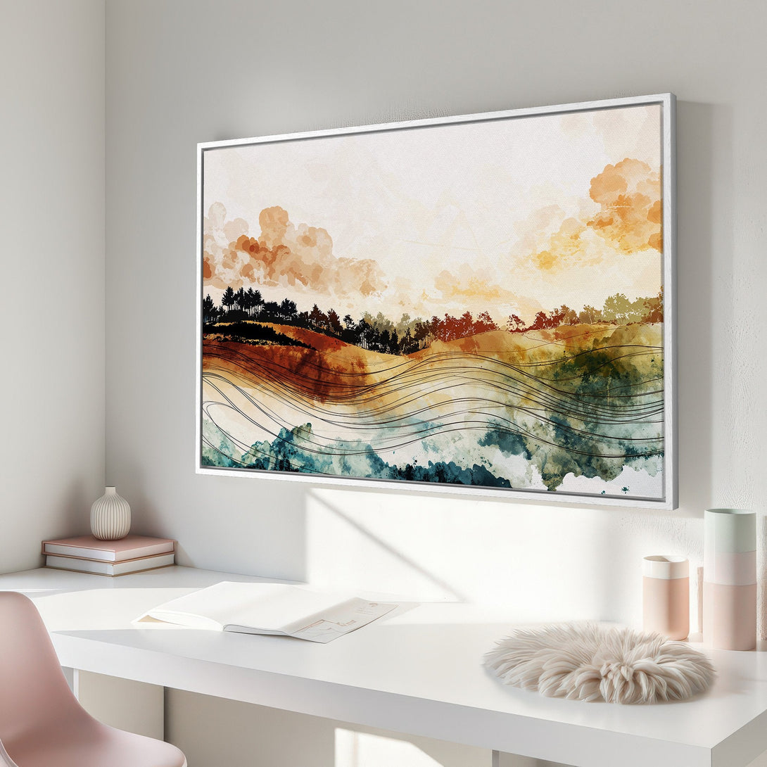 Framed Wall Art featuring an abstract landscape in watercolor style. Earthy tones of orange, brown, and blue create a serene, modern aesthetic for your home.