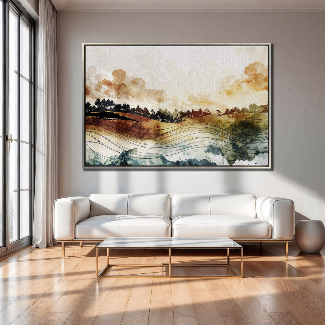 Framed Wall Art featuring an abstract landscape in warm earth tones. Modern decor for living room. Canvas Print with a watercolor style.