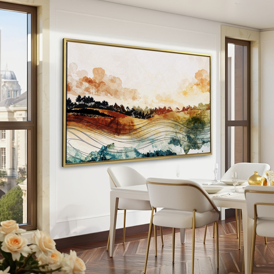 Canvas Print of a watercolor landscape in warm earth tones. Modern art for home decor, perfect for a stylish office.
