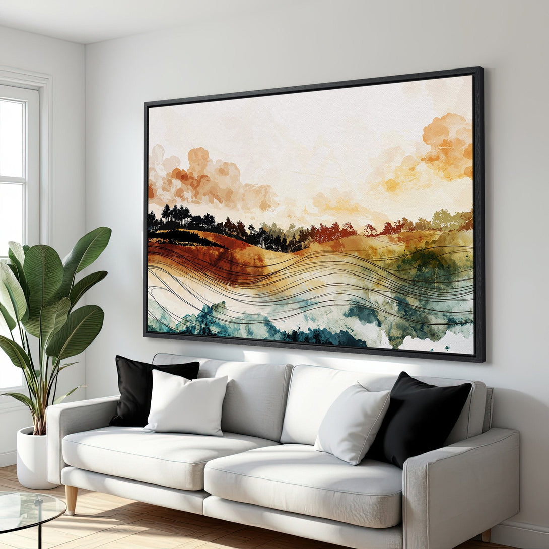 Abstract landscape Canvas Print in warm earth tones. Modern art with a watercolor style, perfect for living room decor.