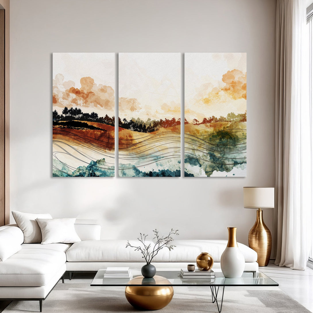 Canvas Print of a watercolor landscape in warm earth tones and blues, perfect for modern home decor.