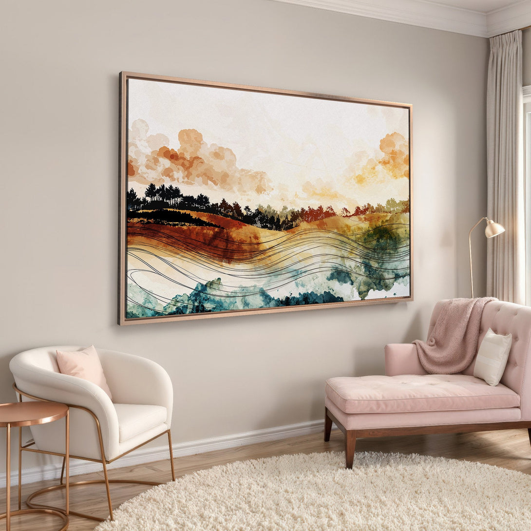 Framed Wall Art: Abstract landscape Canvas Print with warm earth tones and a touch of blue. Perfect for adding a modern touch to your living room.