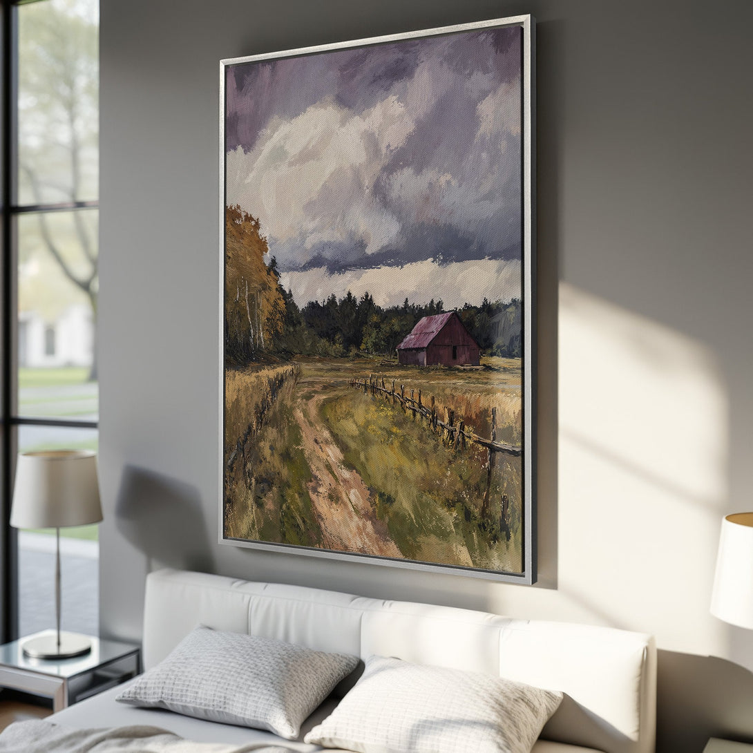 Framed Wall Art: Landscape painting of a barn in a field, featuring a rustic style and a warm, earthy color palette. Perfect for farmhouse decor.