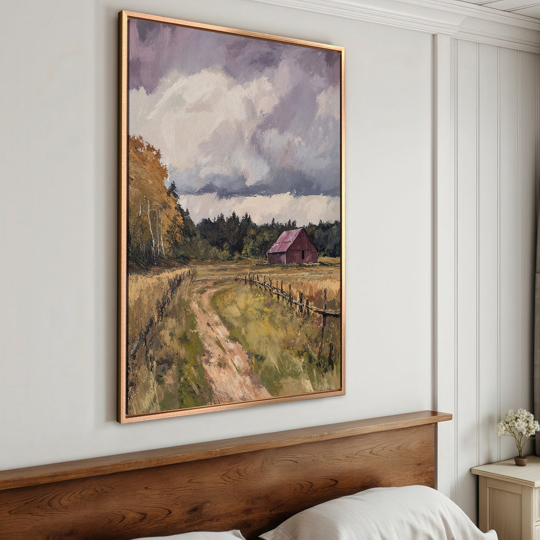 Framed Wall Art: Rustic landscape Canvas Print with a barn. Earthy tones of green, brown, and purple create a calming, farmhouse-style aesthetic. Perfect for any room!