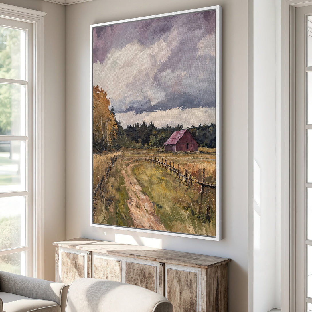 Framed Wall Art: Landscape painting of a barn and field, featuring a rustic style and warm, earthy color palette. Perfect for adding a touch of nature to your home.