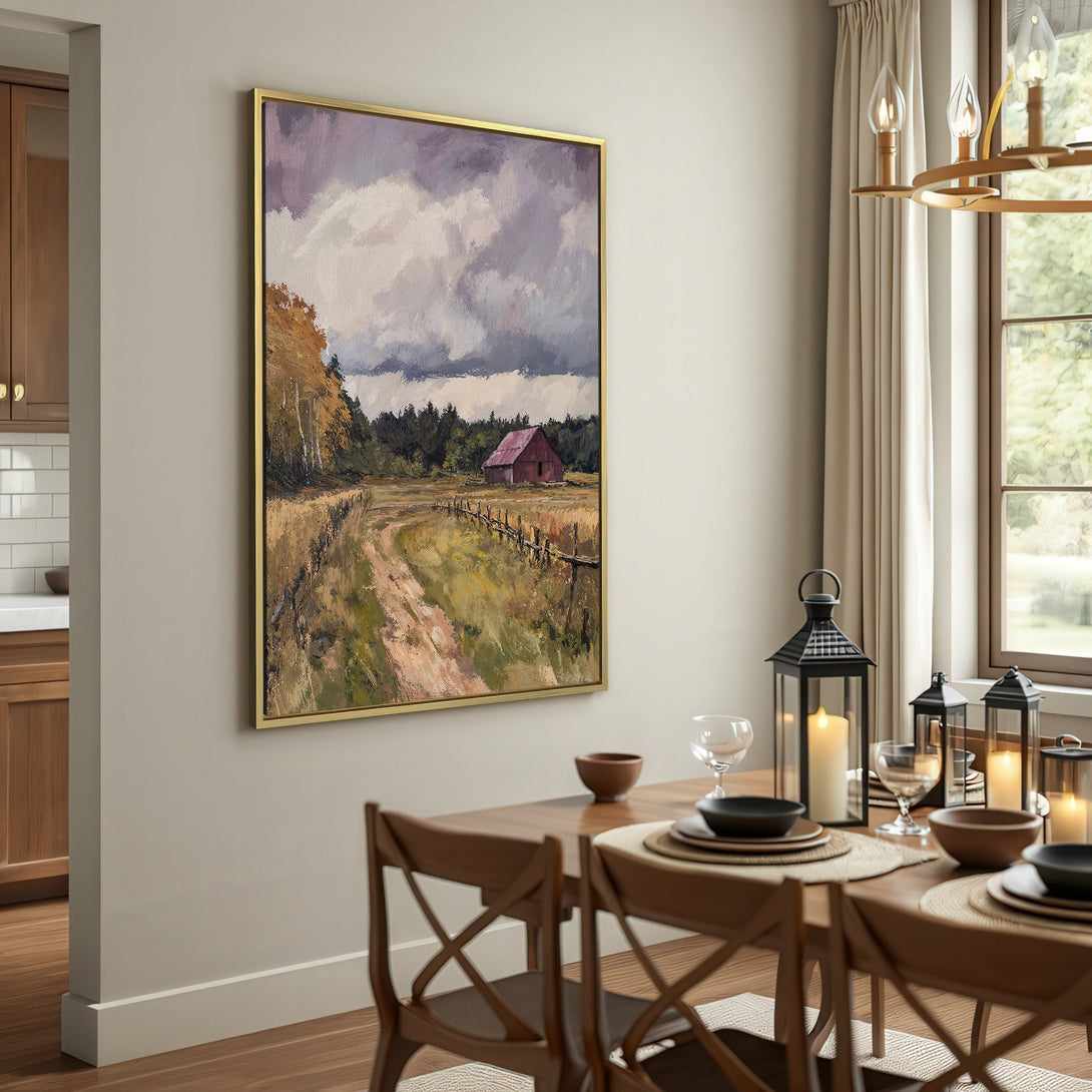 Canvas Print: Rustic landscape painting of a red barn under a stormy sky. Earthy tones and impressionistic style create a cozy, inviting wall art piece.