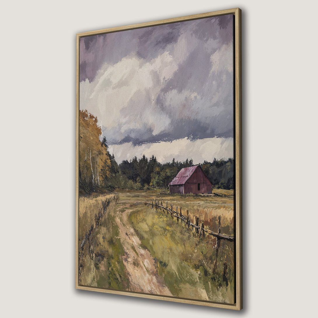 Framed Wall Art: Rustic landscape painting of a barn and field, featuring a muted color palette of browns, greens, and purples. Perfect for farmhouse decor.