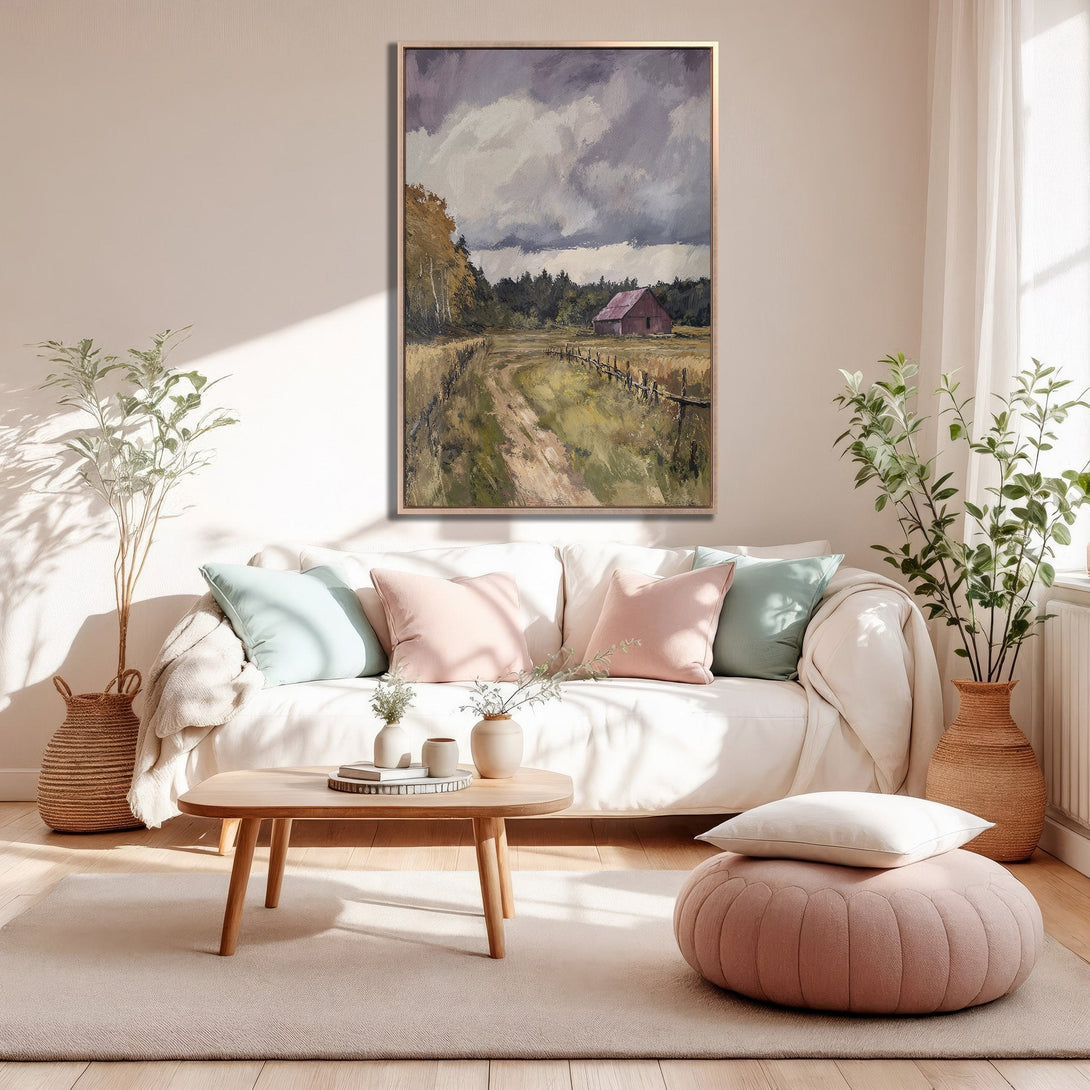 Framed Wall Art: Rustic landscape Canvas Print with a barn, in a warm, neutral color palette, perfect for adding cozy vibes to your home.