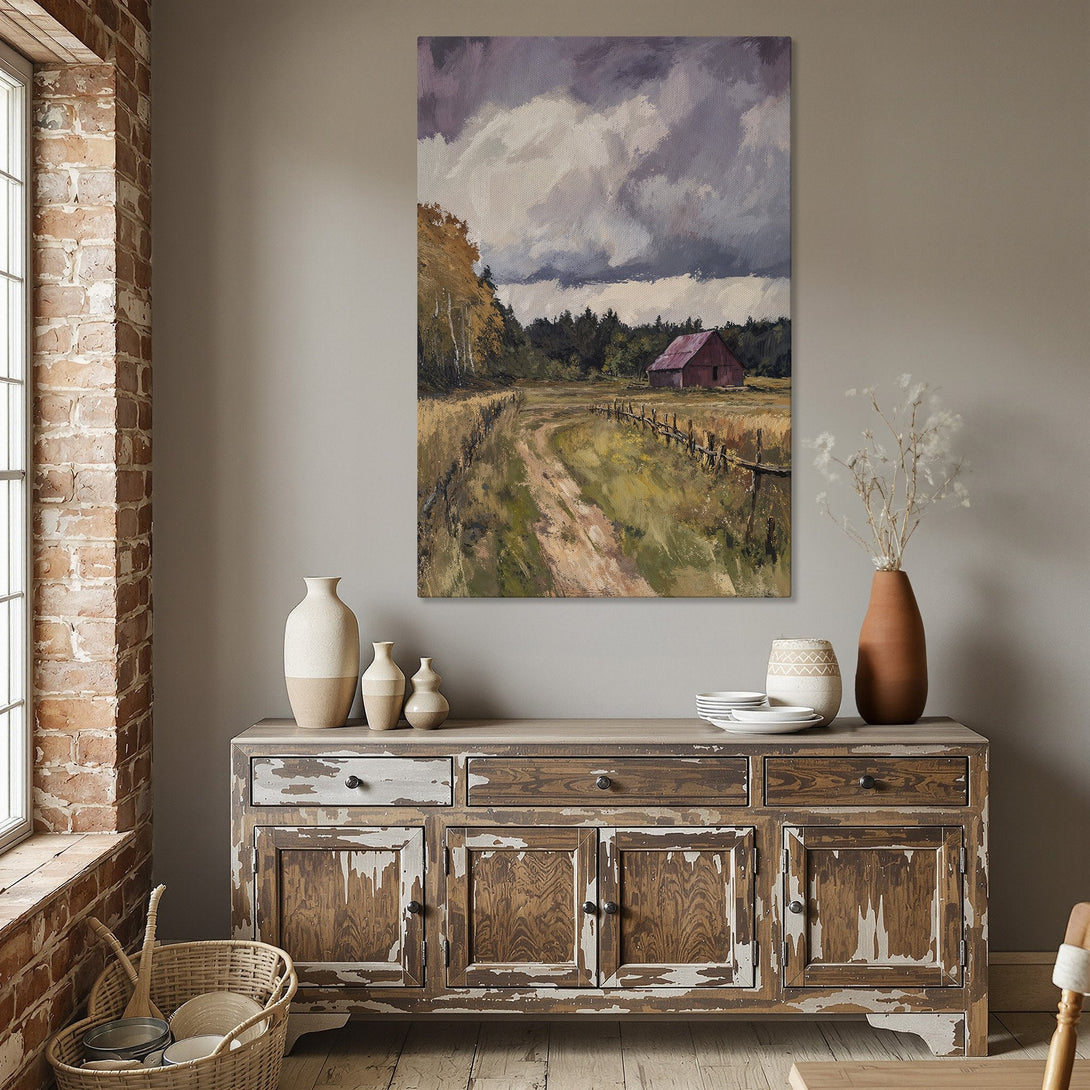 Framed Wall Art: Rustic landscape painting with a red barn. Earthy tones and dramatic sky create a warm, inviting atmosphere. Perfect for farmhouse decor.
