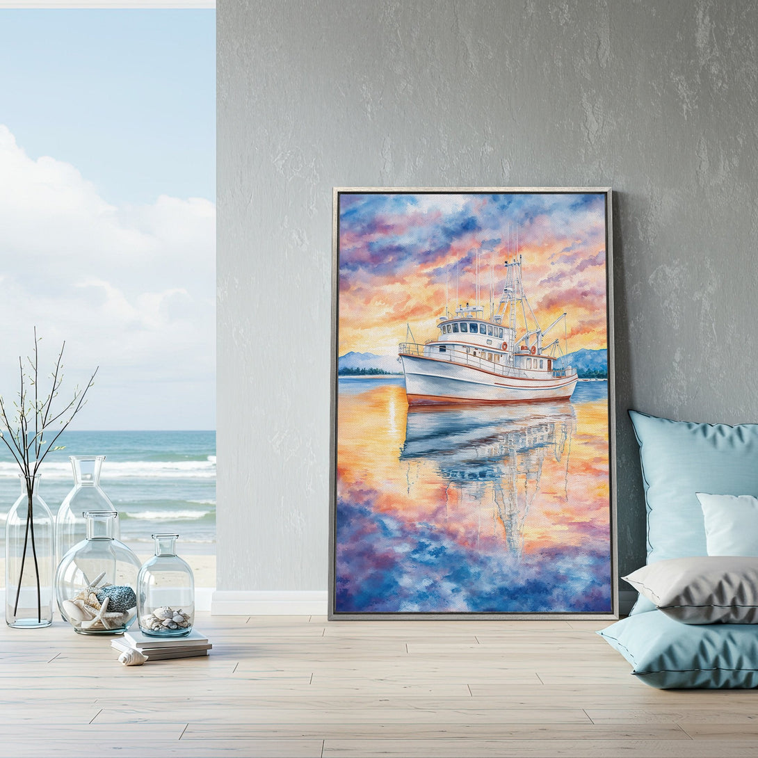 Framed Wall Art: Coastal boat painting with a vibrant sunset color palette. Bring the beach vibes to your home with this beautiful canvas print!