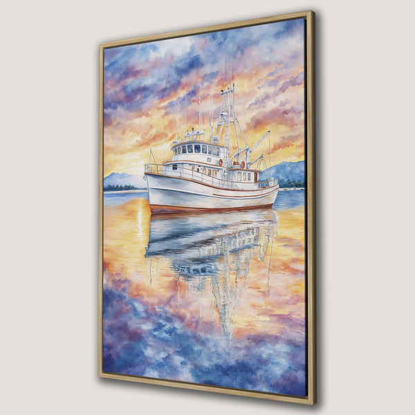 Framed Wall Art: Watercolor painting of a boat at sunset. Stunning coastal art with warm orange, blue, and purple hues. Perfect nautical decor.