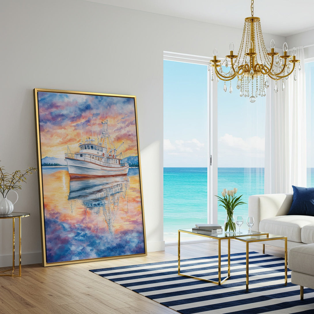 Canvas Print of a boat painting with vibrant sunset colors. Coastal wall art in a living room, perfect for adding a touch of serenity.
