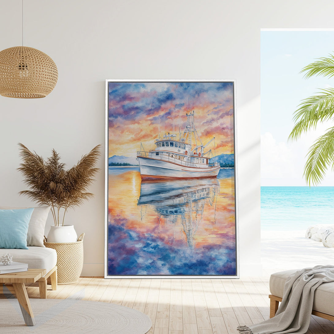 Framed Wall Art: Watercolor painting of a boat on the water with a sunset sky. Warm orange, pink, and blue color palette. Perfect coastal decor.