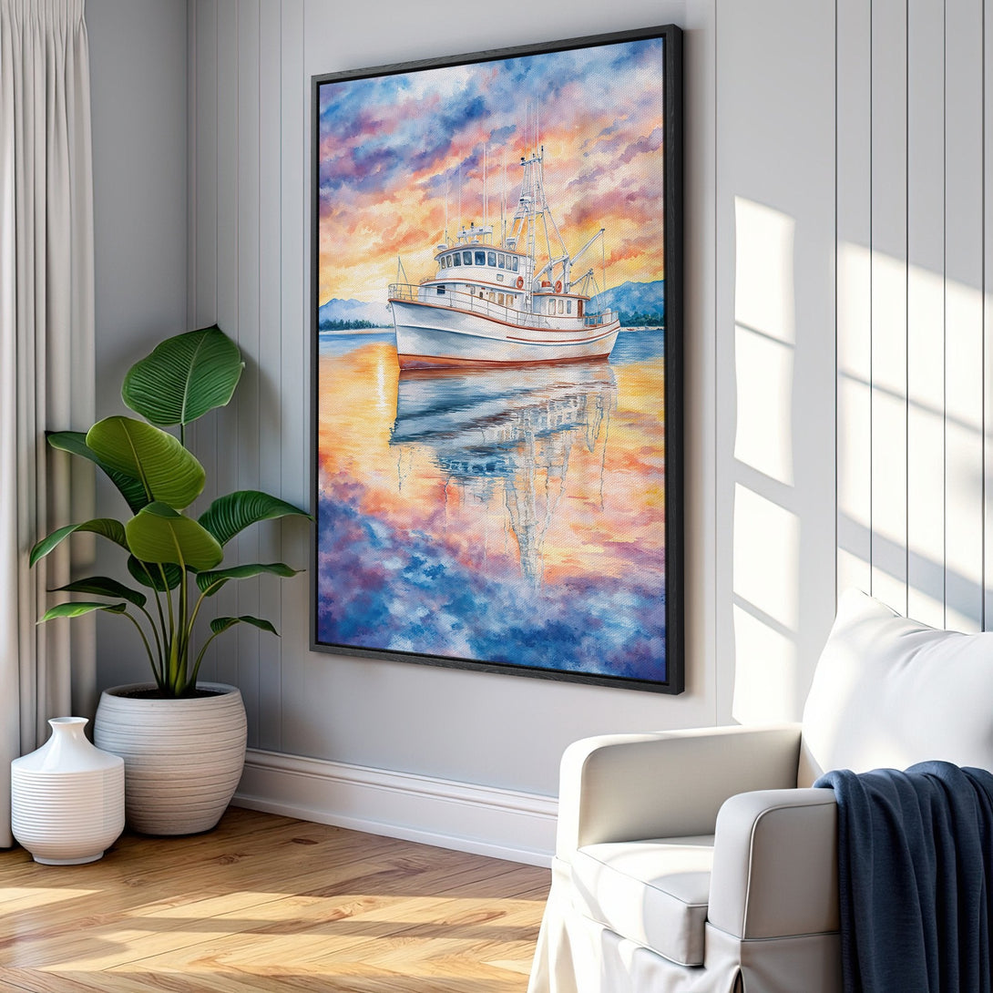 Framed Wall Art: Watercolor painting of a fishing boat at sunset. Coastal art with warm orange, blue, and purple hues. Perfect for home decor!