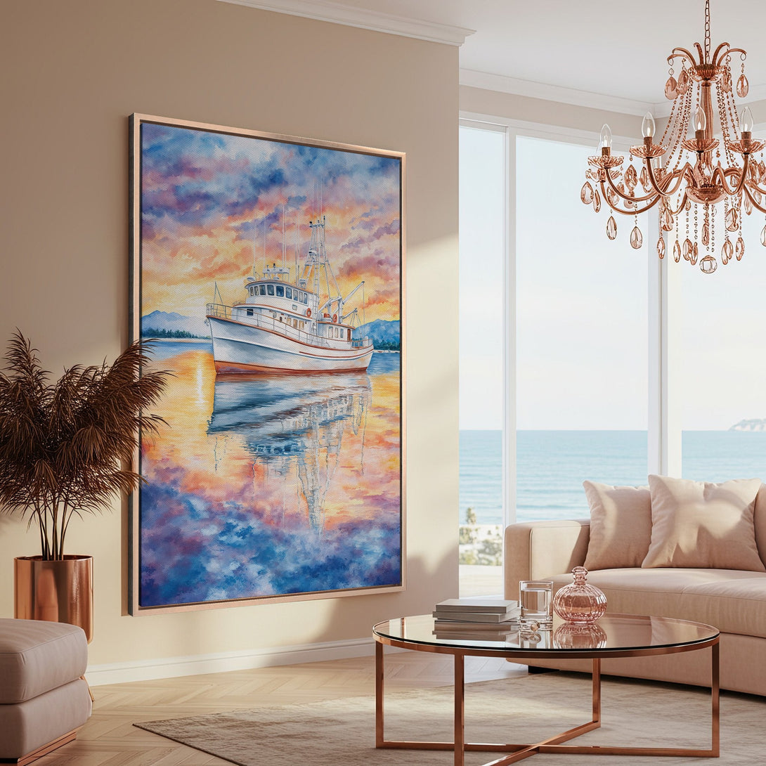 Framed Wall Art: Coastal boat painting in warm sunset hues. Enhance your living room with this vibrant Canvas Print, featuring a nautical scene.