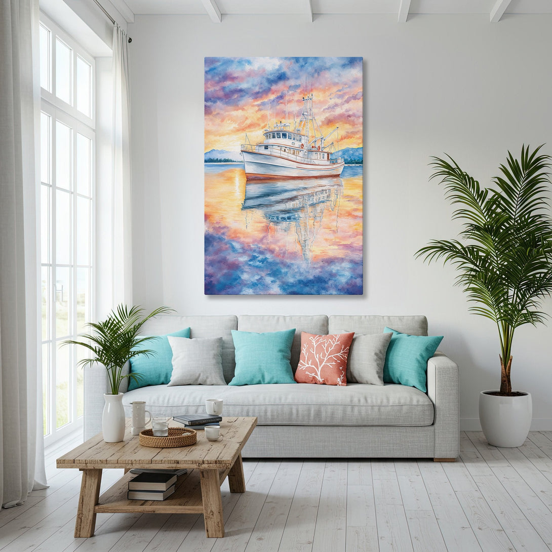 Framed Wall Art of a boat at sunset. Coastal style with a vibrant blue, orange, and purple color palette. Perfect for any home decor.