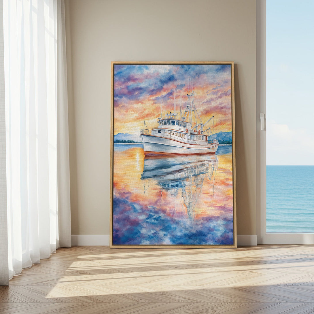 Framed Wall Art: Watercolor painting of a fishing boat at sunset. Featuring vibrant blues, oranges, and purples. Perfect coastal decor.