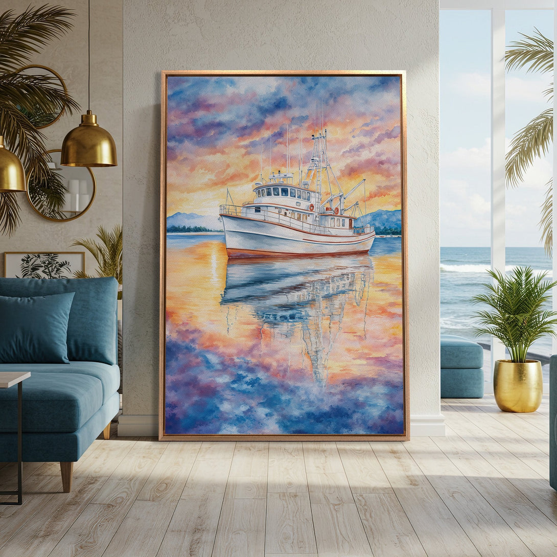 Framed Wall Art: Coastal boat painting in vibrant sunset colors. Adds a touch of serenity and warmth to any space. Perfect for a beach house or coastal decor.