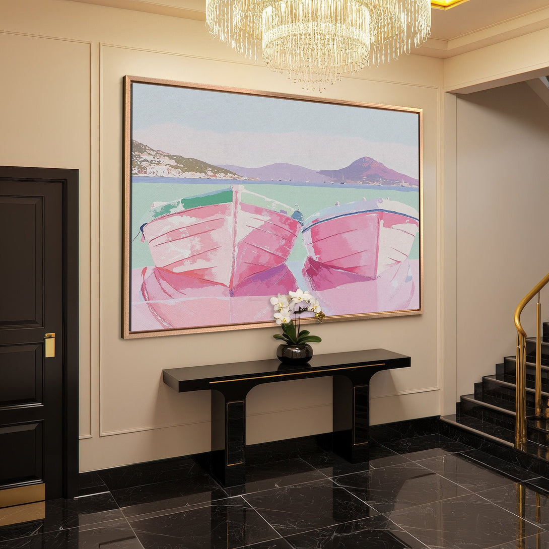 Framed Wall Art: Coastal boats painting in pink and blue hues. Modern art for home decor. Shop canvas prints and elevate your space!